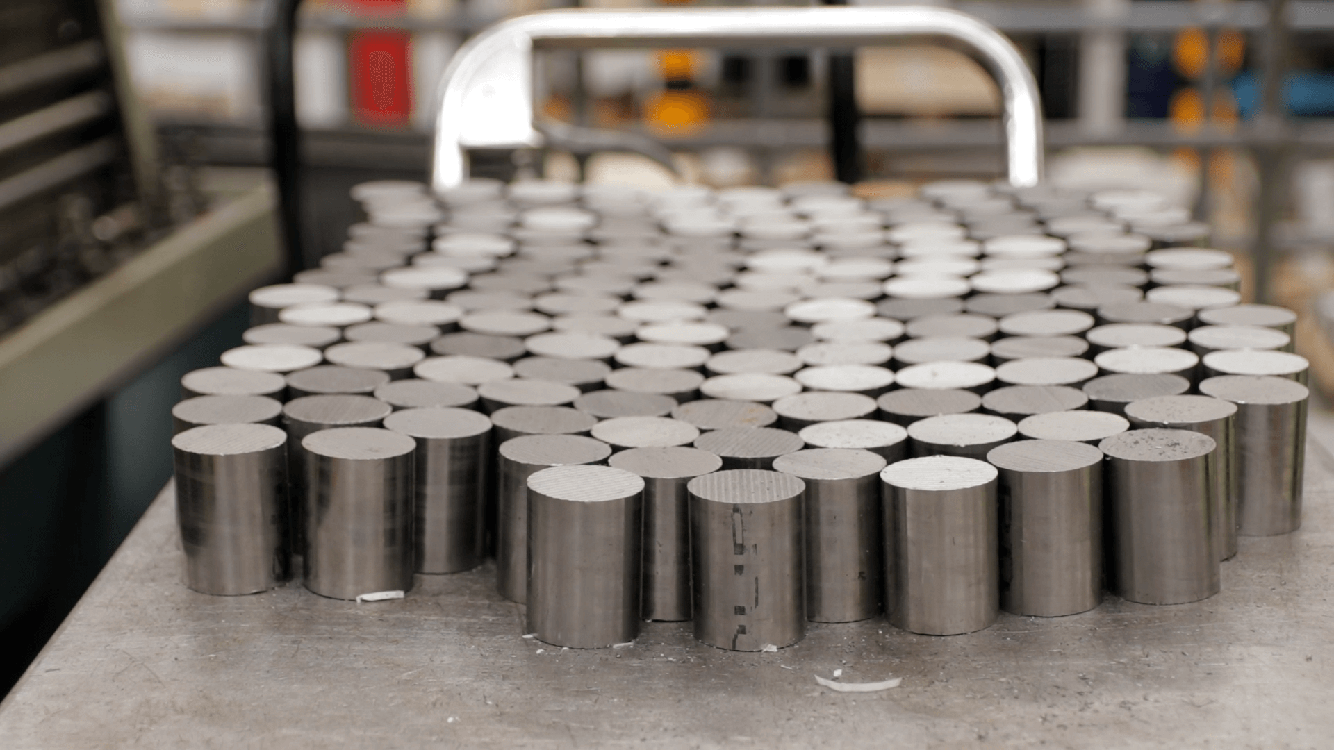 tray of cylindrical steel products